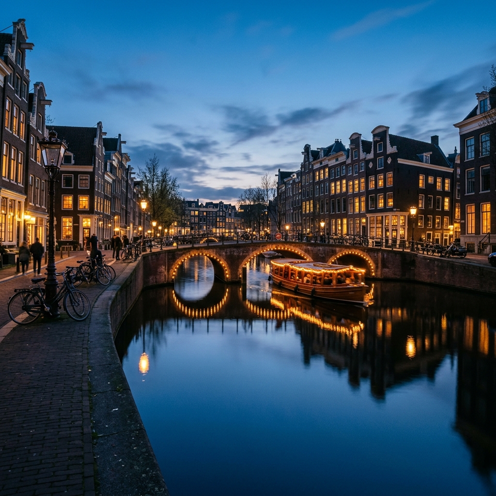 Couple on a canal cruise passing under a bridge