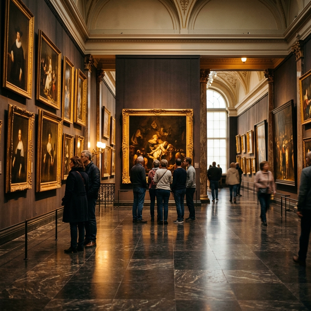 Visitors admiring paintings at the Rijksmuseum